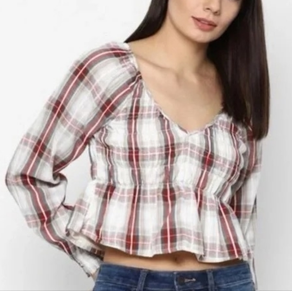 XL American Eagle Plaid Babydoll Long Sleeve Top